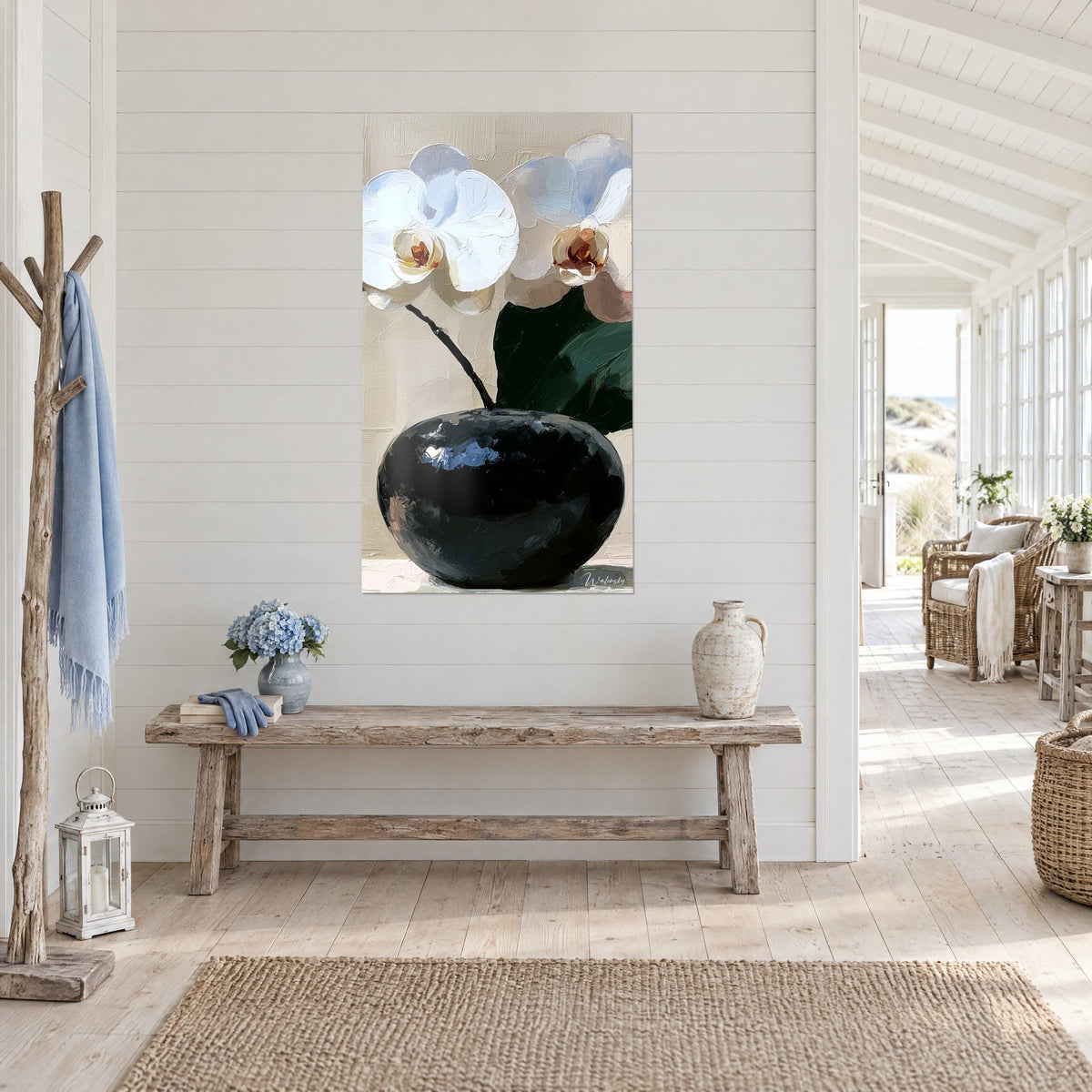 Wall art mother-of-pearl phalaenopsis on a brown stem, glossy lacquered black vase, beige background with palette-knife texture, white wall, seaside house