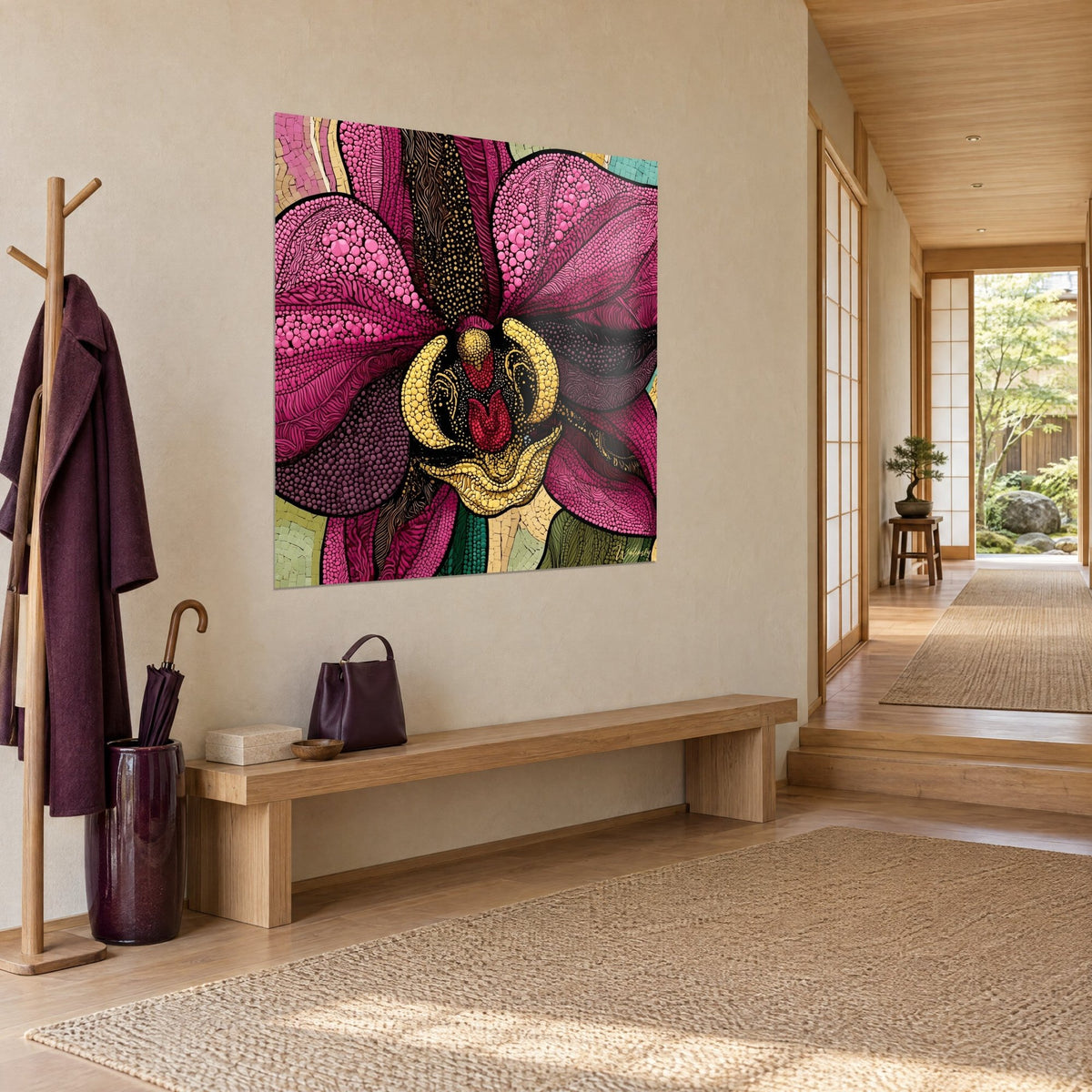 Wall art tropical flower with mosaic magenta petals, gold lip outlined in black, on a beige wall in a Japandi entryway