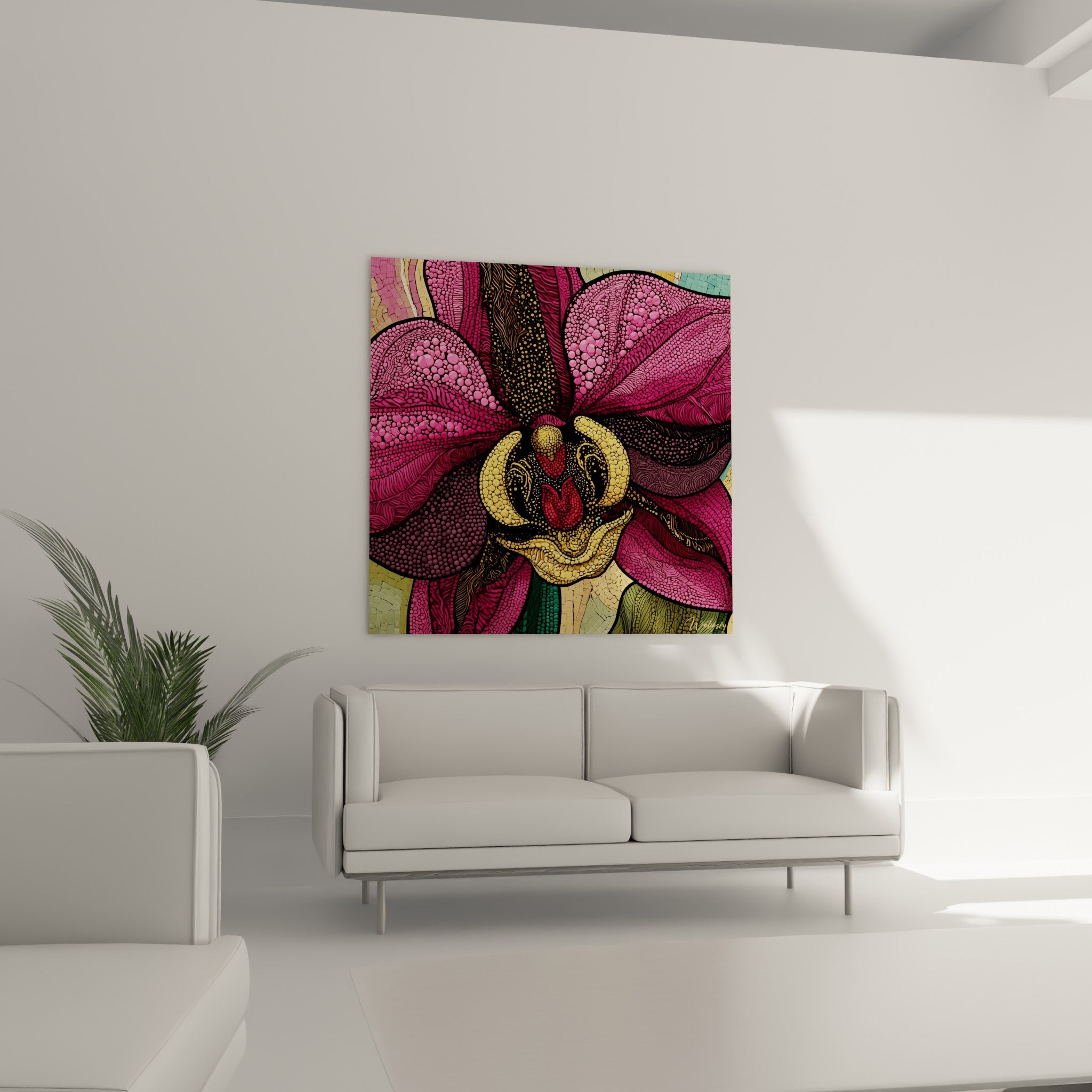 Pétales roses et centre doré de l'orchidée, présentés au-dessus d'un canapé dans un salon lumineux