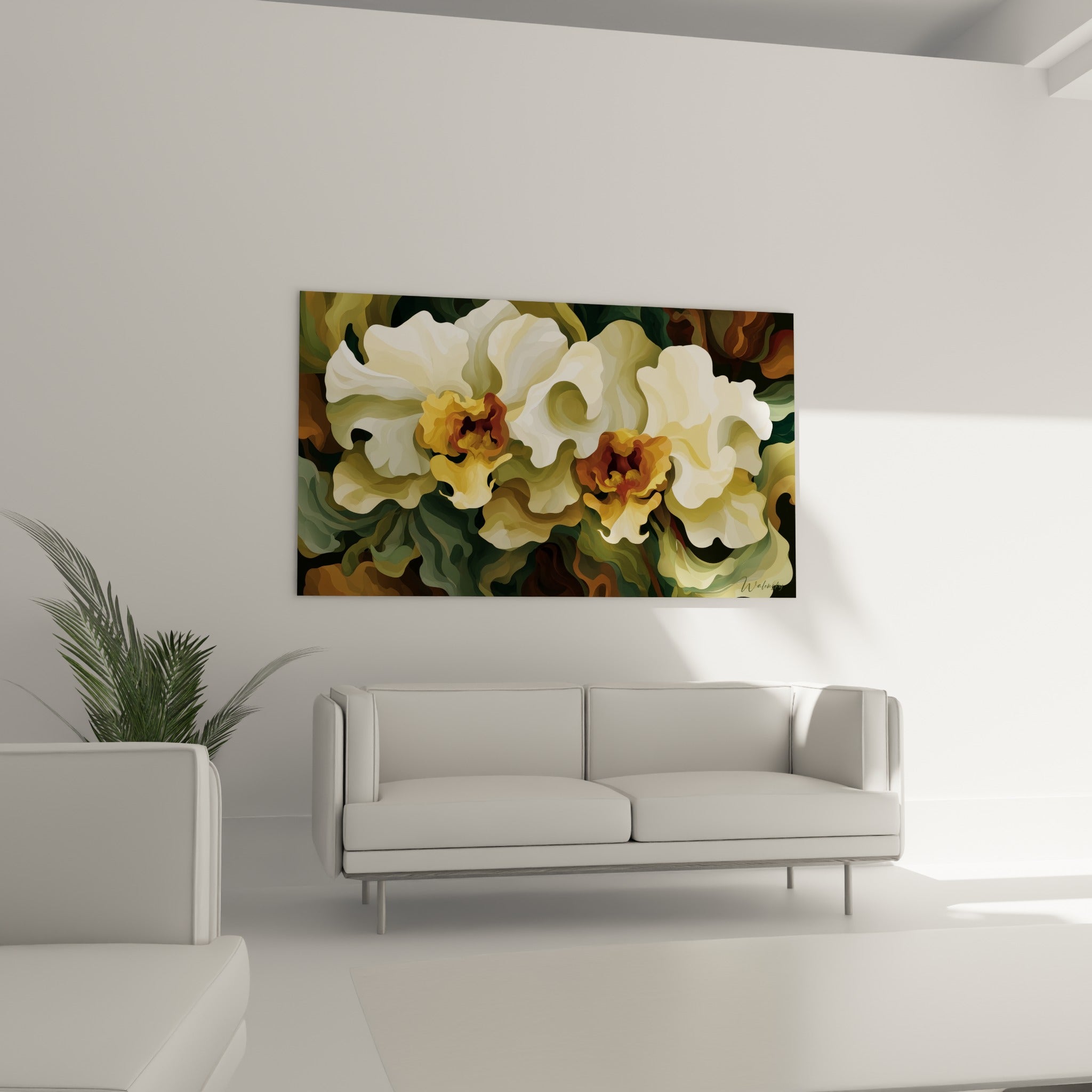 Orchidée ivoire aux courbes généreuses accrochée au-dessus d'un canapé dans un salon lumineux