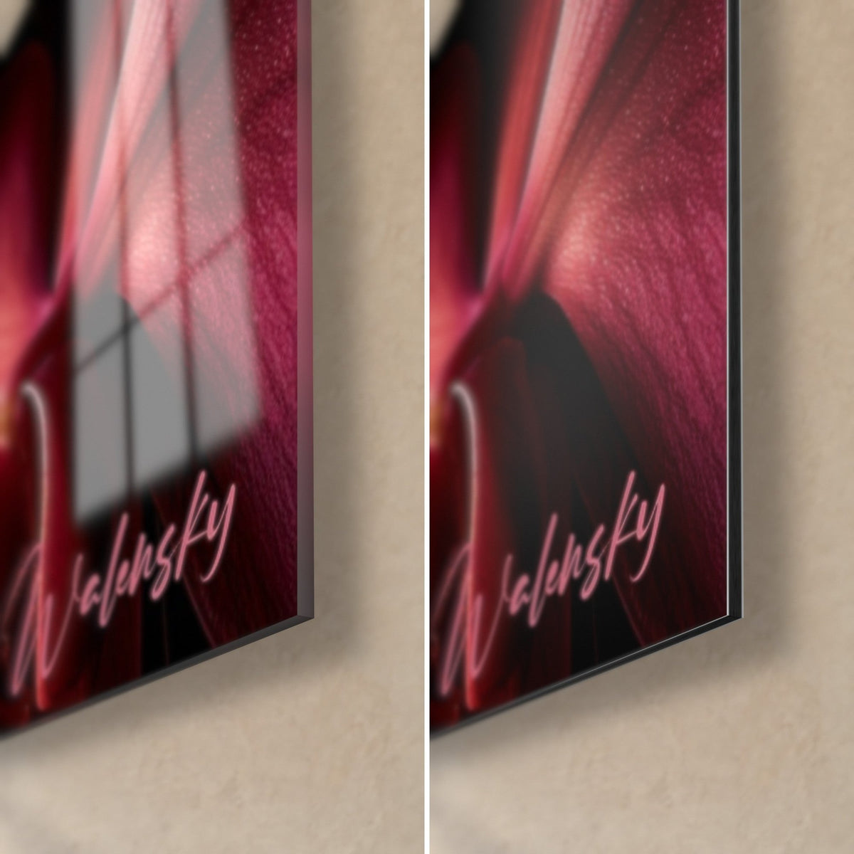 Wall art with pink and burgundy orchid blooms, bottom right corner: glossy glass on the left, matte Dibond on the right, 3 mm edge