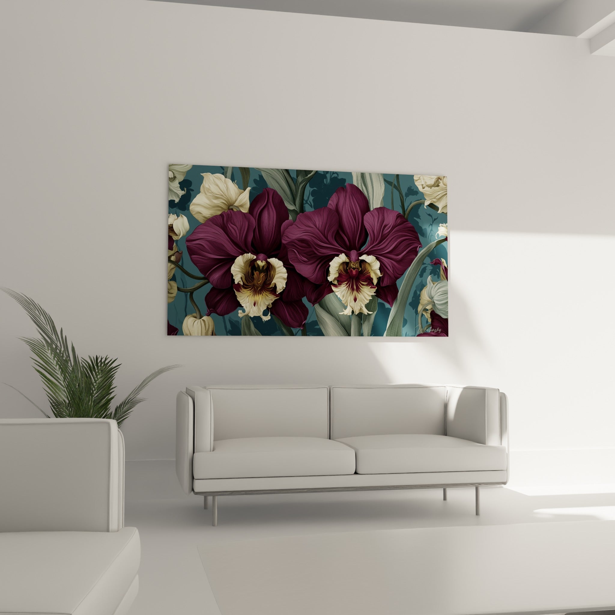 Pétales veloutés de l'orchidée pourpre et fond bleu nuit au-dessus d'un canapé dans un salon lumineux