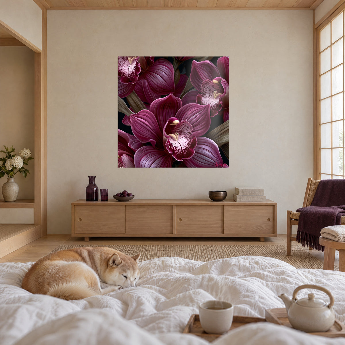 Quadro di grandi orchidee prugna dai labelli maculati, foglie verde-brune, sfondo nero, sopra un letto in una camera luminosa