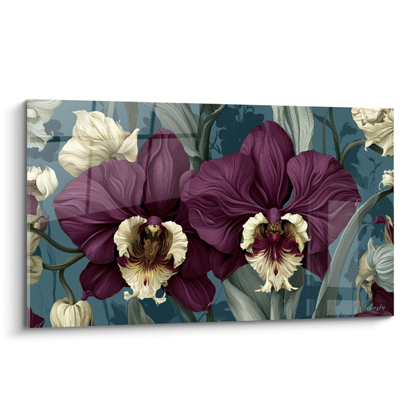 Tableau Orchidées prune et ivoire aux labelles frangés - Silhouettes végétales en ombre - Edition Orchidée