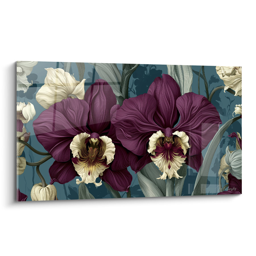 Tableau Orchidées prune et ivoire aux labelles frangés - Silhouettes végétales en ombre - Edition Orchidée