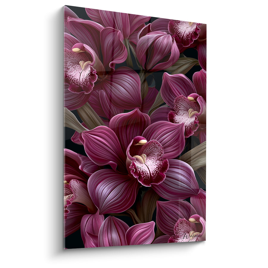 Tableau Orchidées pourpres et roses aux labelles frangés - Bouquet dense serré - Edition Orchidée