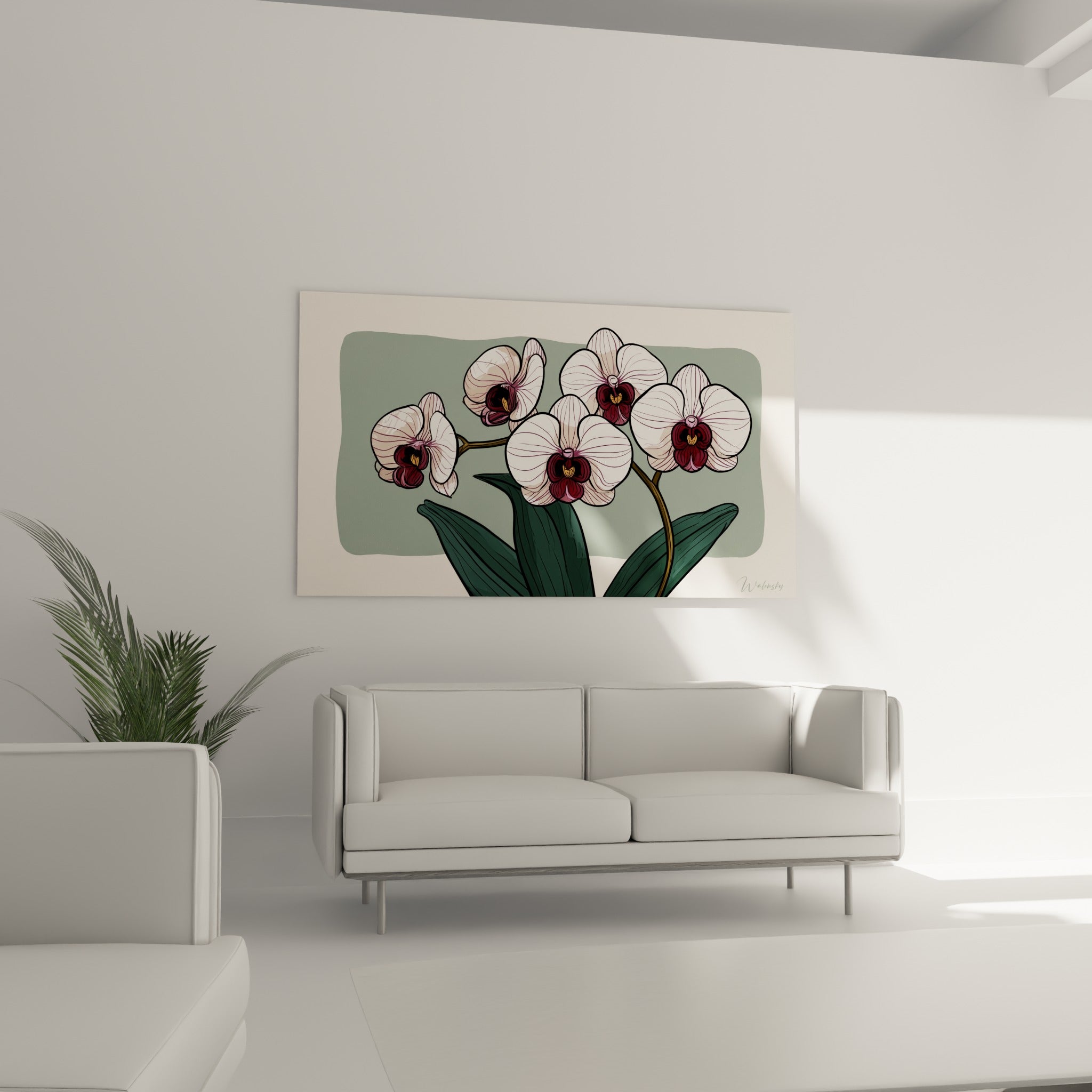 Fleurs d'orchidée ivoire et pourpre au-dessus d'un canapé dans un salon lumineux
