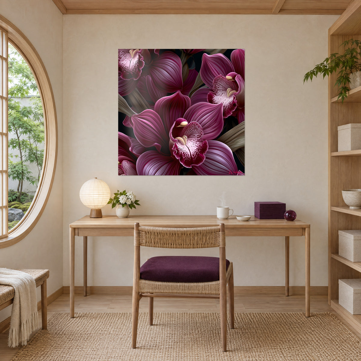Quadro di petali d'orchidea melanzana finemente nervati, labello rosa punteggiato di granato, alla parete di uno studio in legno chiaro