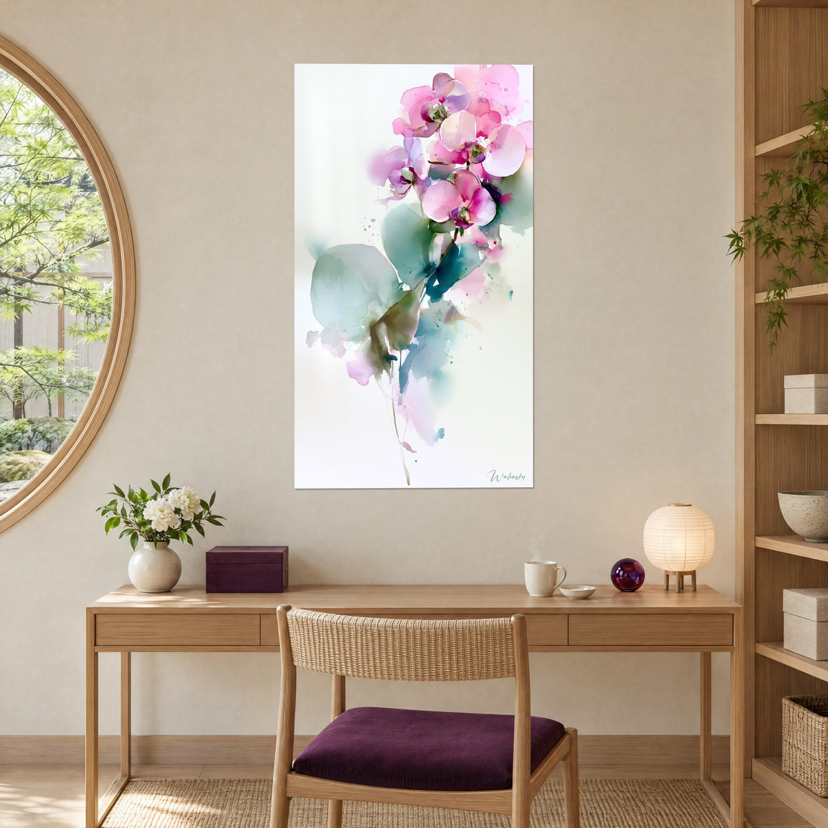 Quadro grappolo di orchidee lavate di rosa e bianco, ampie foglie verde grigio, appeso sopra una scrivania in legno chiaro accanto a una lampada