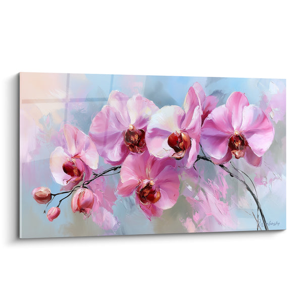 Tableau Orchidées roses et bleu pâle aux gorges cuivrées - Empâtements à la palette - Edition Orchidée