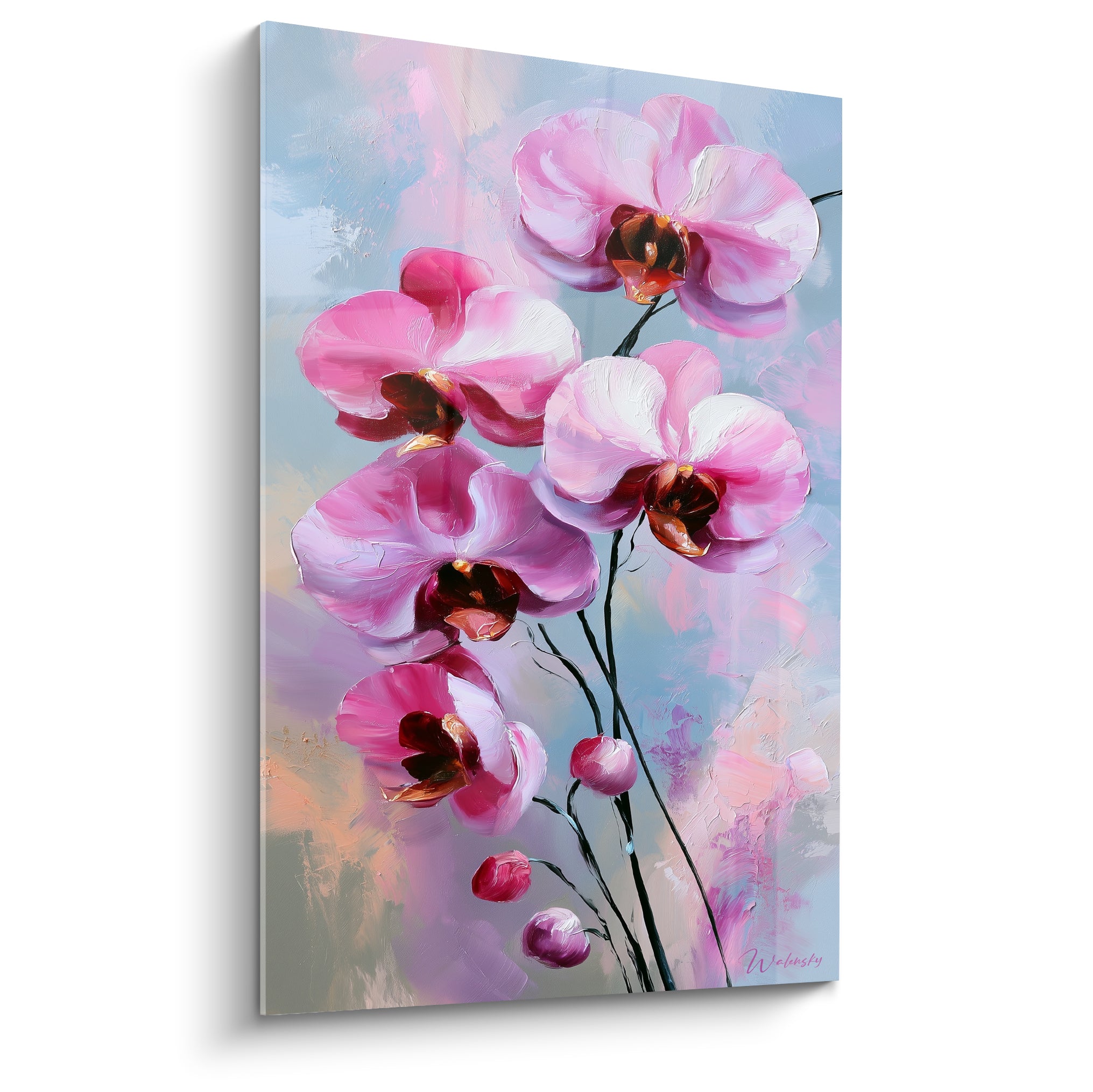 Orchidées roses et blanches aux tiges noires peintes sur fond bleu pastel texturé