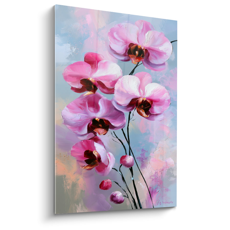 Tableau Orchidées roses et bleu pastel aux boutons pendants - Fond bleu ciel texturé - Edition Orchidée