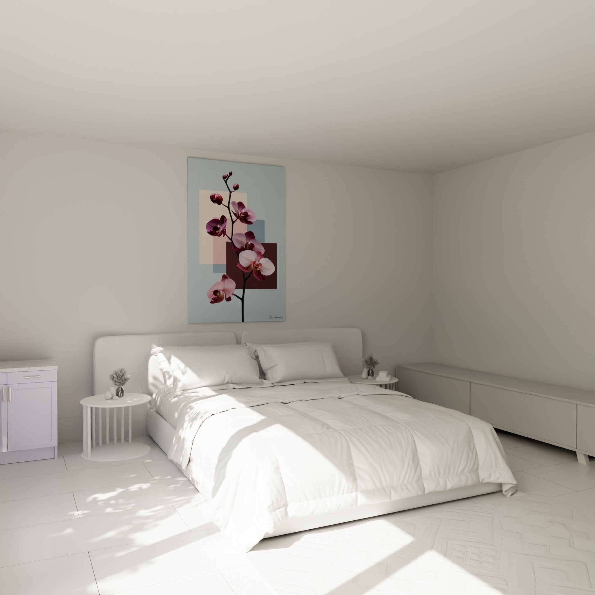 Branche d'orchidée mauve et rose accrochée au-dessus d'un lit dans une chambre claire