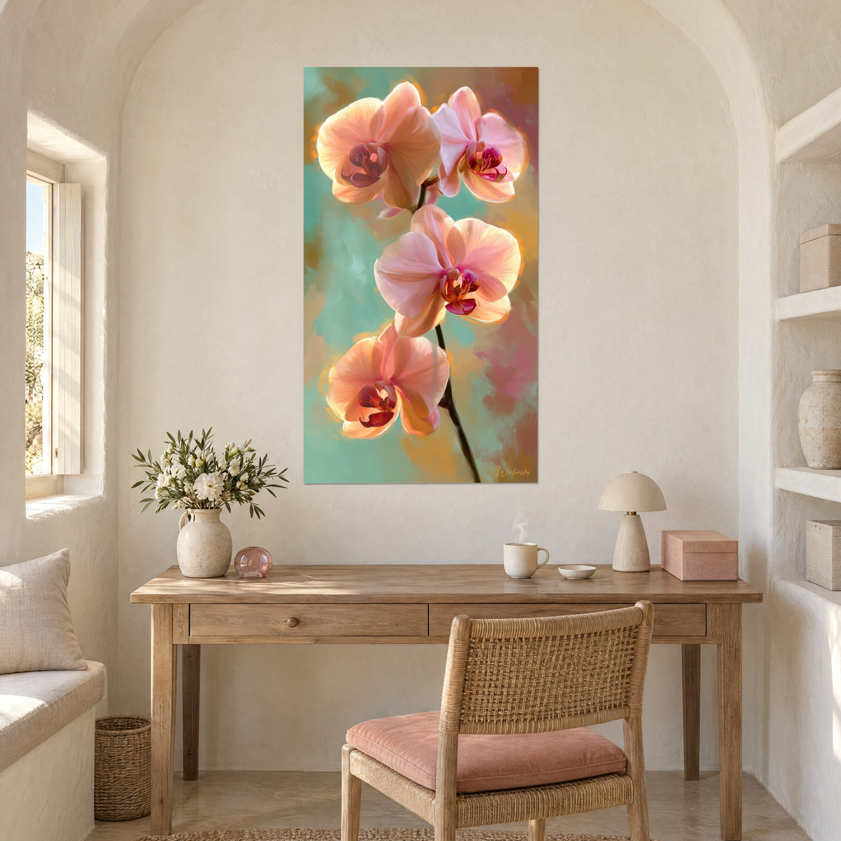 Cuadro orquídeas nacaradas con gargantas granate sobre fondo verde agua y azafrán, pared curva, escritorio de madera clara, silla de ratán