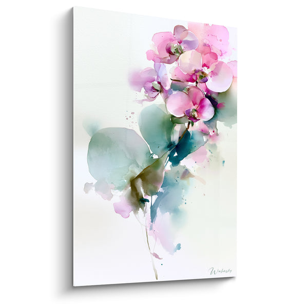 Tableau Orchidées roses et vertes en aquarelle diluée - Tige effilée pendante - Edition Orchidée