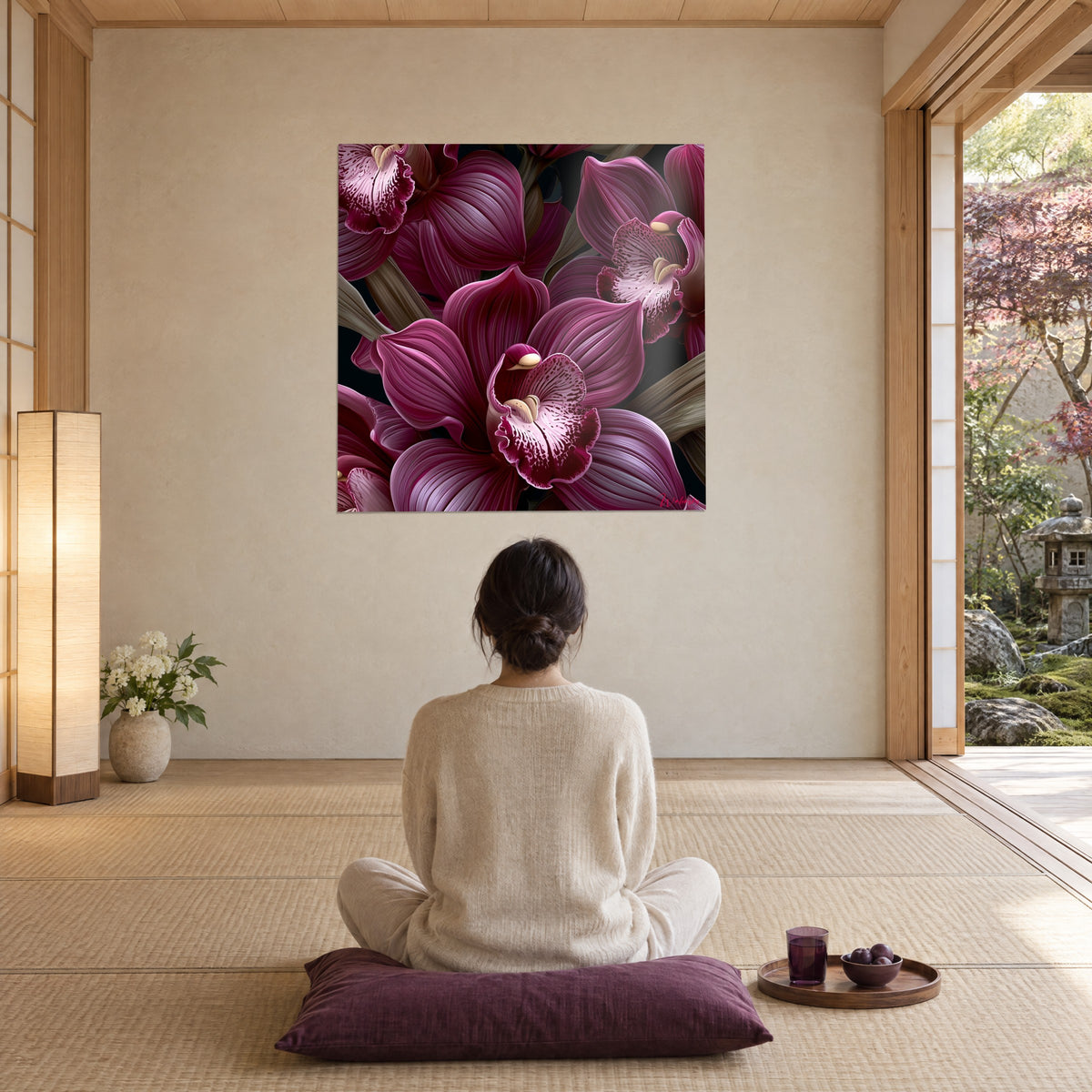Quadro di ramo d'orchidea cymbidium viola dalle nervature setose, labelli crema e rosa, persona di spalle seduta su un cuscino viola