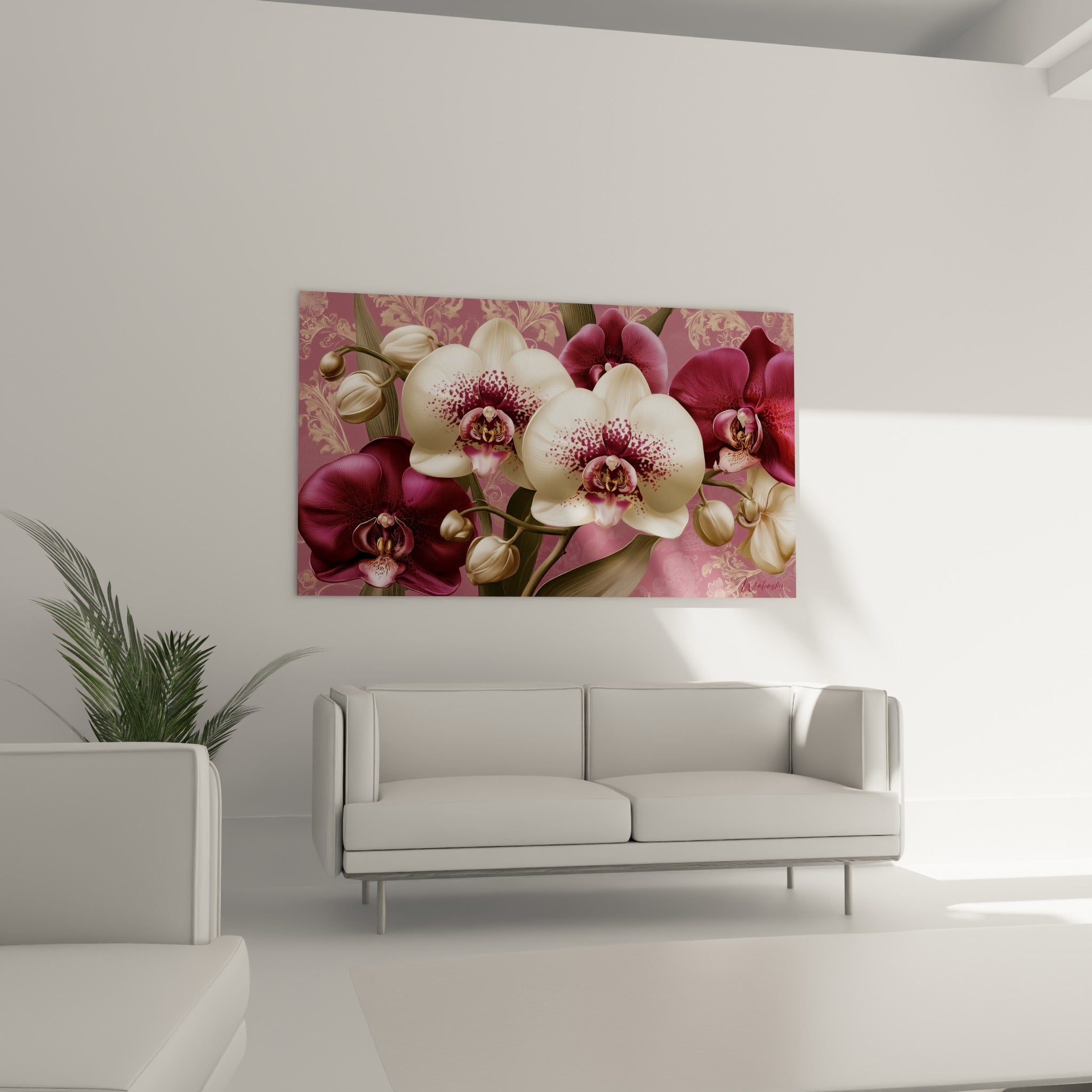 Fleurs d'orchidée pourpre et ivoire disposées au-dessus d'un canapé dans un salon lumineux