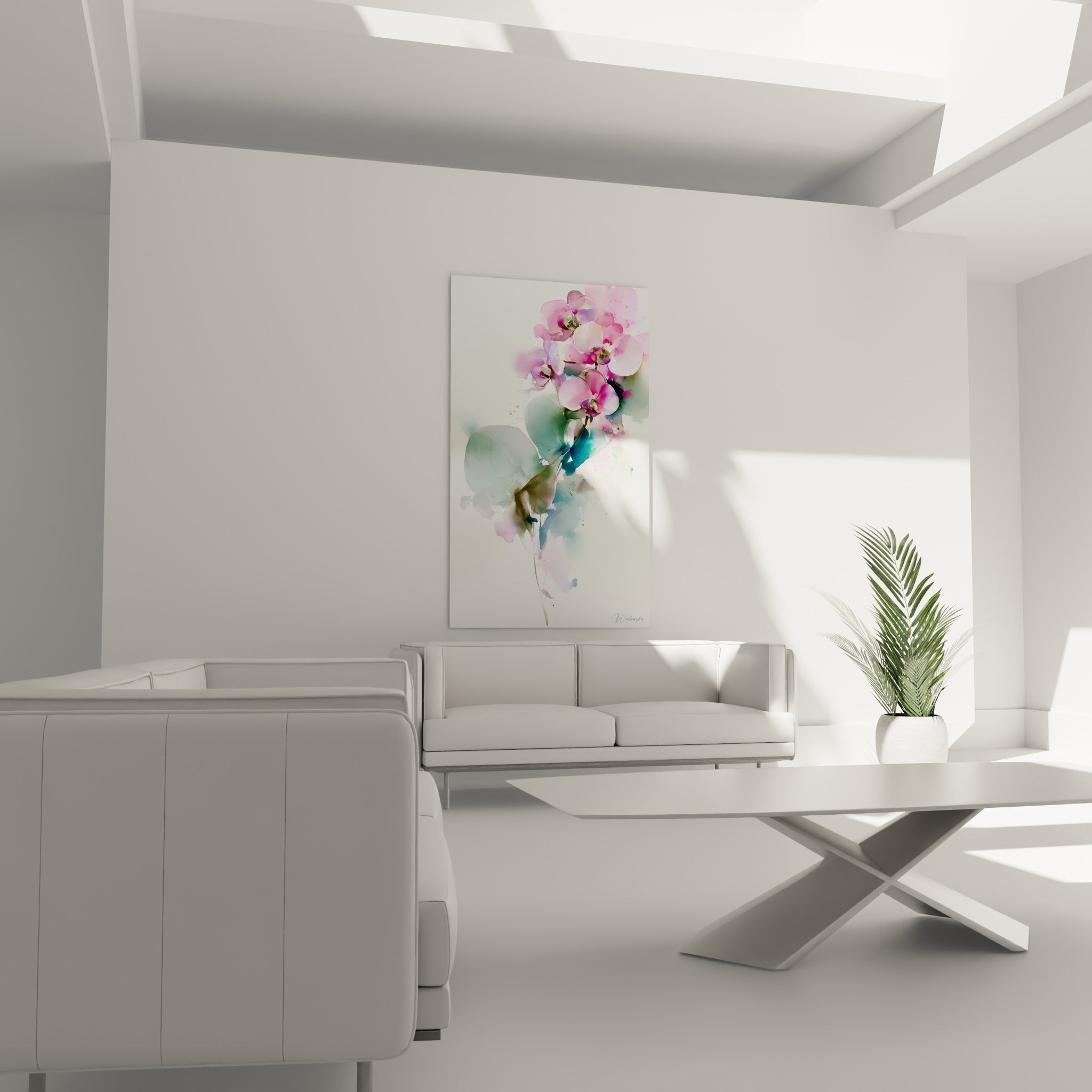 Fleurs d'orchidée fuchsia et vert d'eau suspendues au-dessus d'un canapé dans un salon lumineux