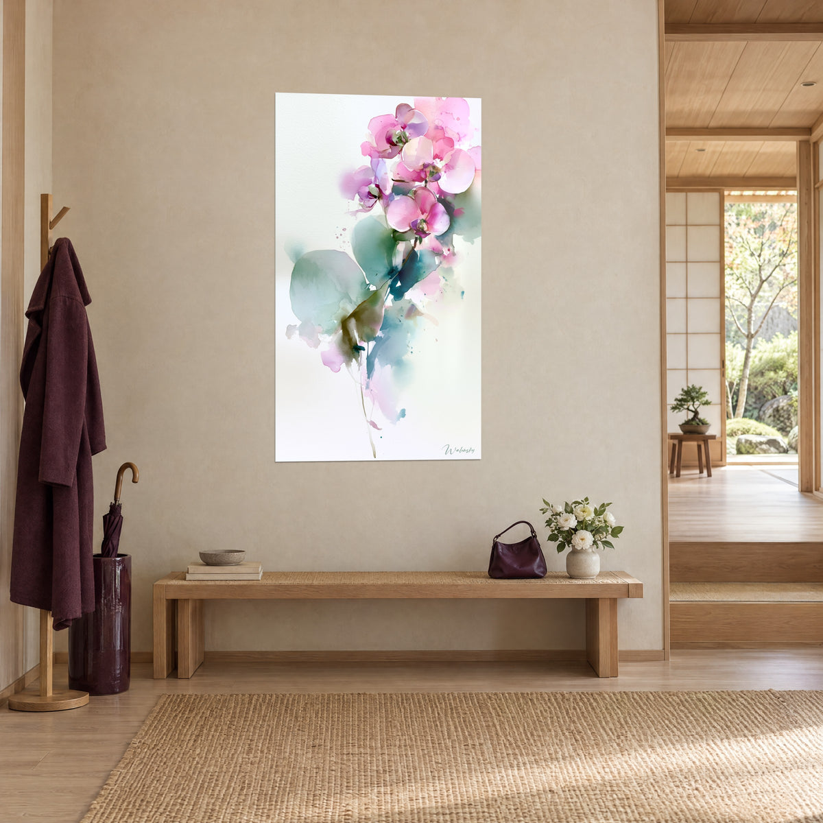 Quadro ramo di phalaenopsis rosa fucsia, foglie verde salvia e blu anatra ricadenti, vista a tre quarti in un ingresso japandi