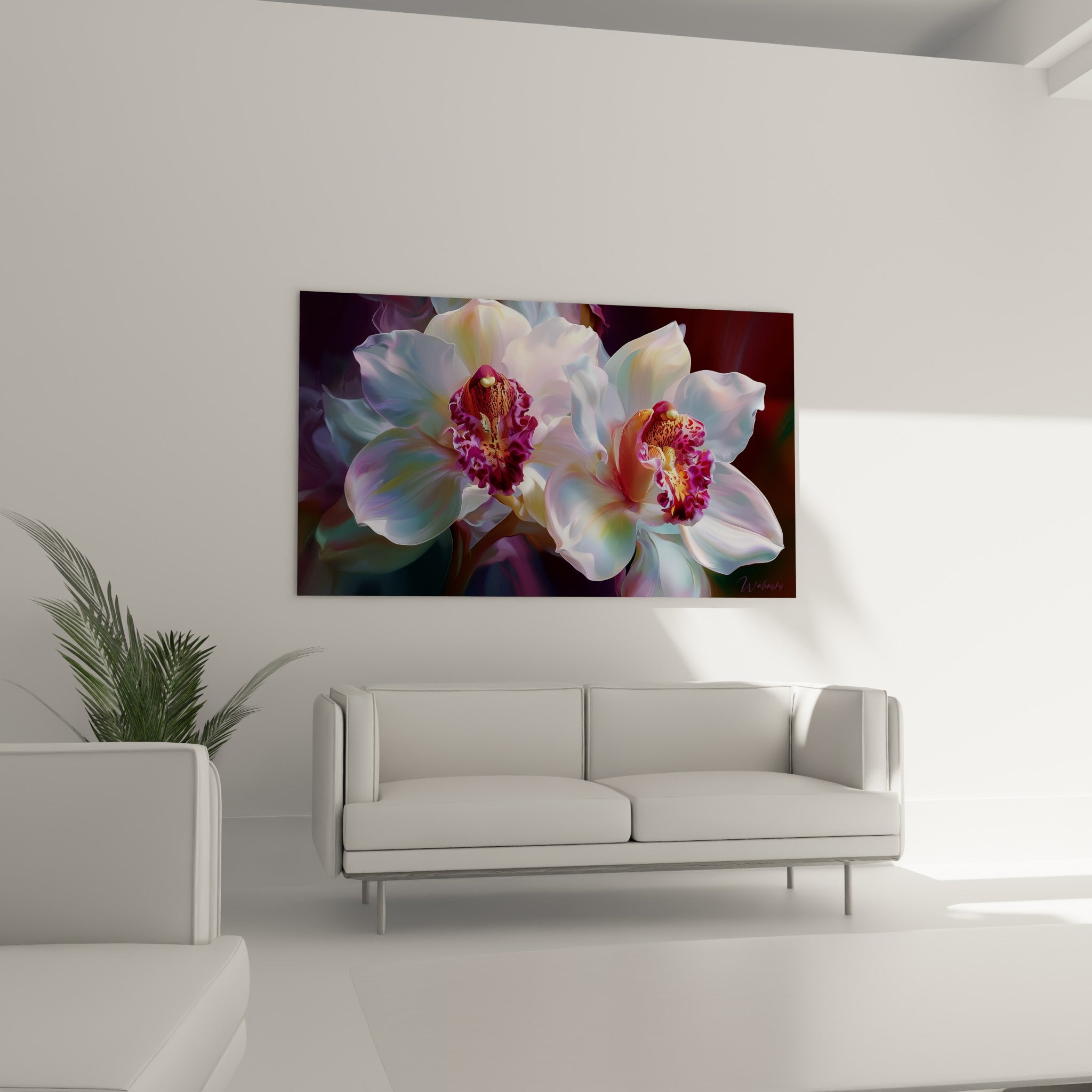 Corolles d'orchidée irisées bleu et lavande, cœurs pourpres, au-dessus d'un canapé dans un salon lumineux