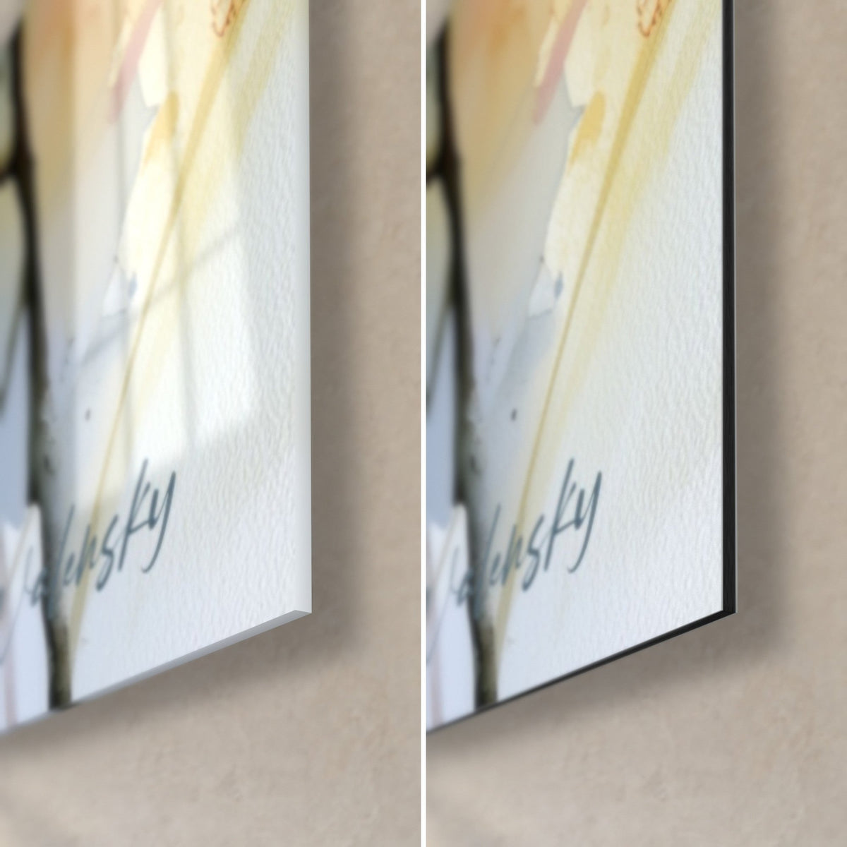 Gemälde Traube weißer und malvenfarbener Orchideen, untere rechte Ecke: glänzendes Acrylglas links, matte Alu-Dibond-Platte rechts