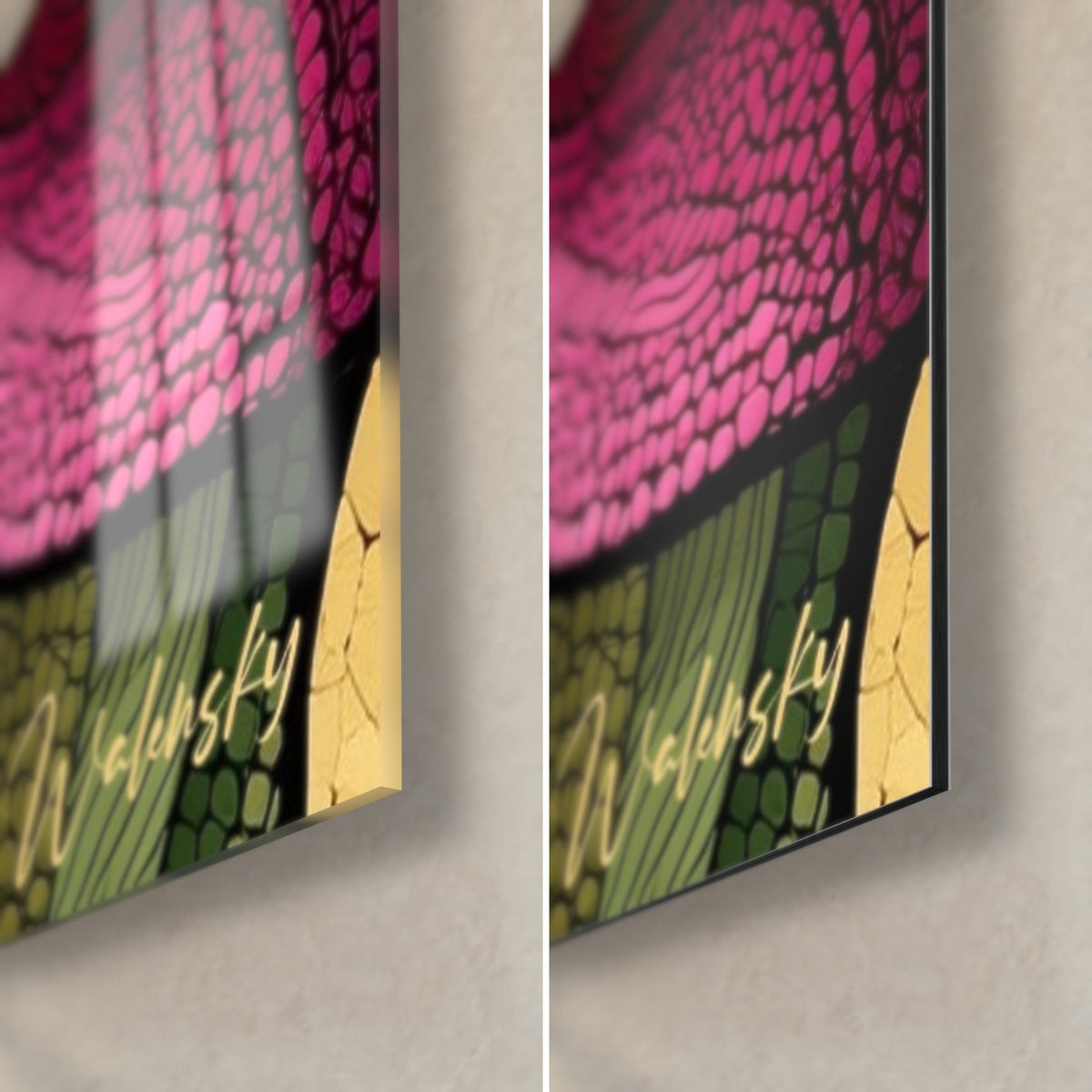 Wall art orchid with fuchsia and yellow dots, bottom-right corner: glossy acrylic glass on the left, matte Dibond on the right, 3 mm edge