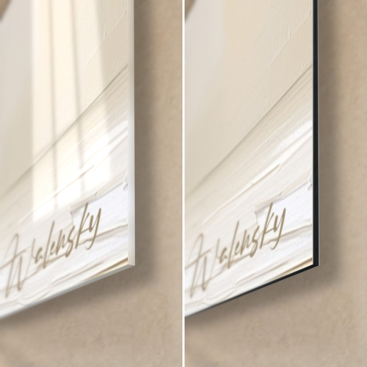 Gemälde weiße Orchideenblüte und Walensky Signatur, untere rechte Ecke aus glänzendem reflektierendem Glas und 3 mm mattschwarzes Dibond Aluminium