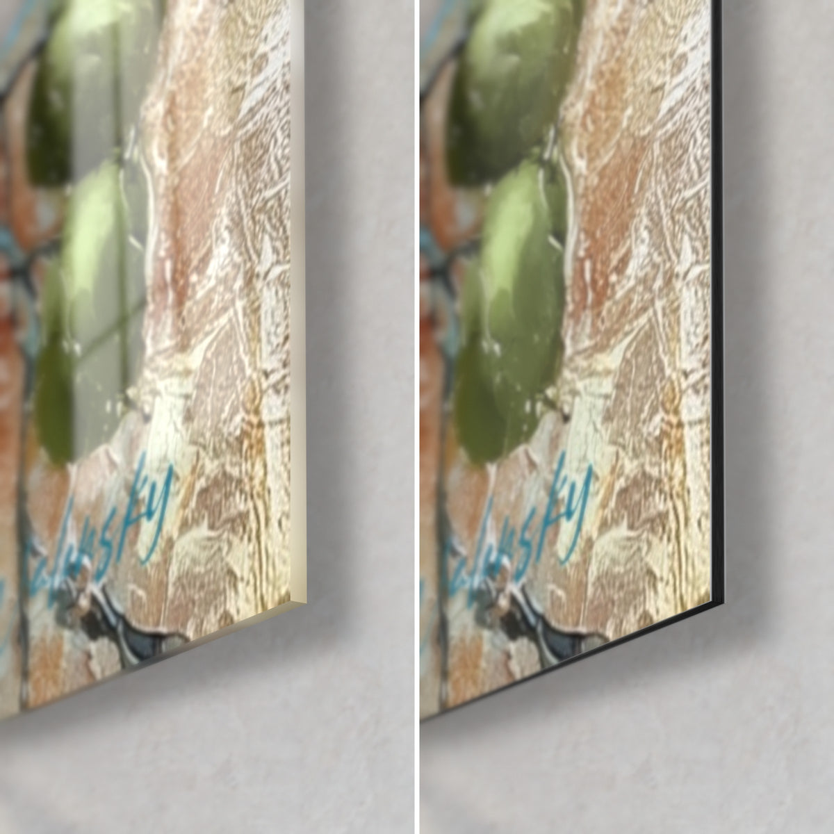 Schilderij blauwe orchideeën, rechtsonder: glanzend acrylglas links, mat Dibond aluminium rechts, 3 mm dikte