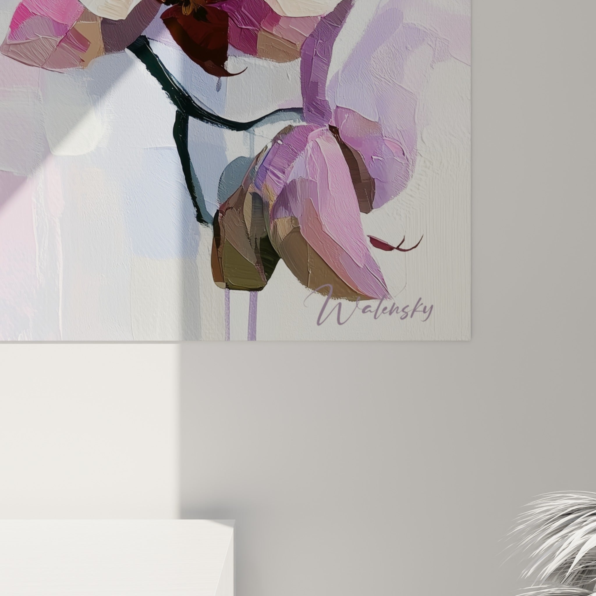 Empâtements de peinture mauve et blanche visibles en gros plan, matière épaisse et coulures subtiles