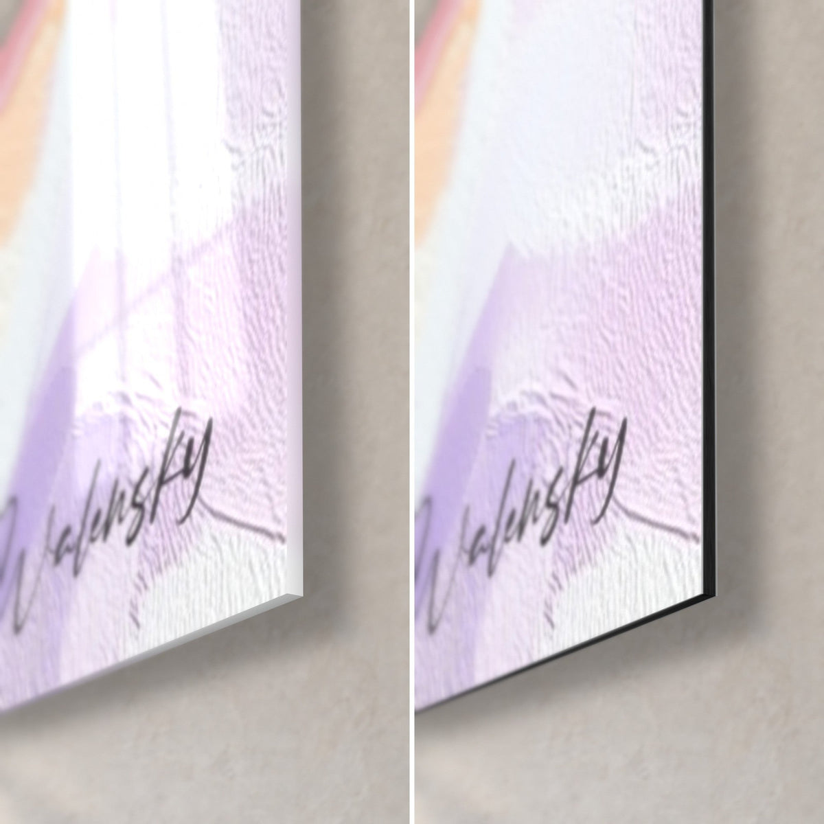 Gemälde Phalaenopsis in Rosa und Malvenfarben in dickem Pastellauftrag, untere rechte Ecke: glänzendes Acrylglas links, matter Alu-Dibond mit schwarzer Kante