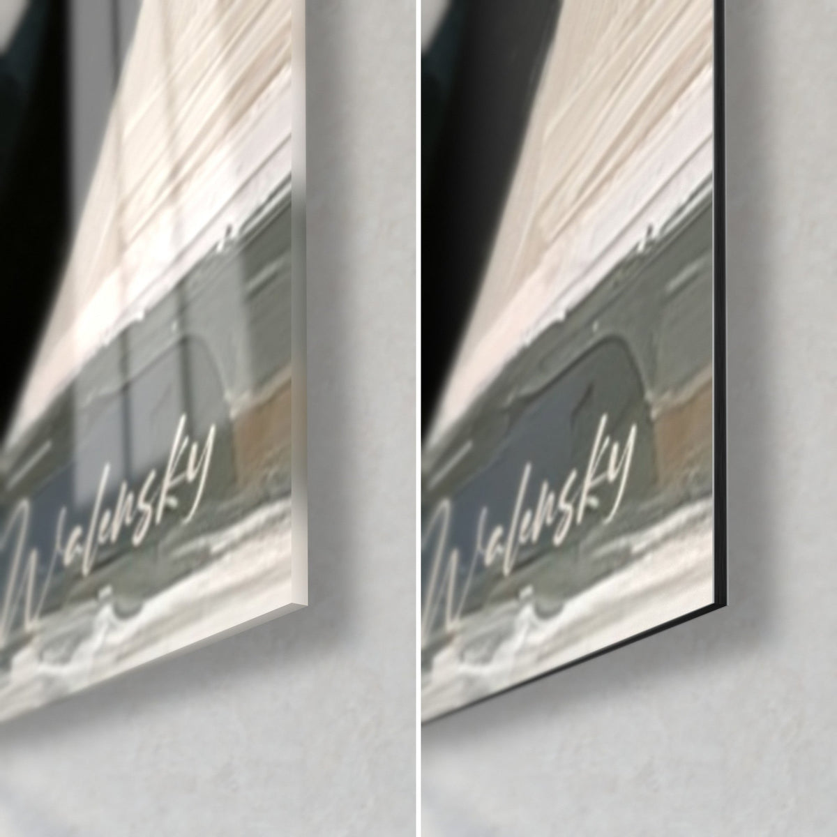 Wall art white orchid blooms and glossy black vase, bottom right corner: acrylic glass with reflections, matte grey Dibond, 3 mm edge