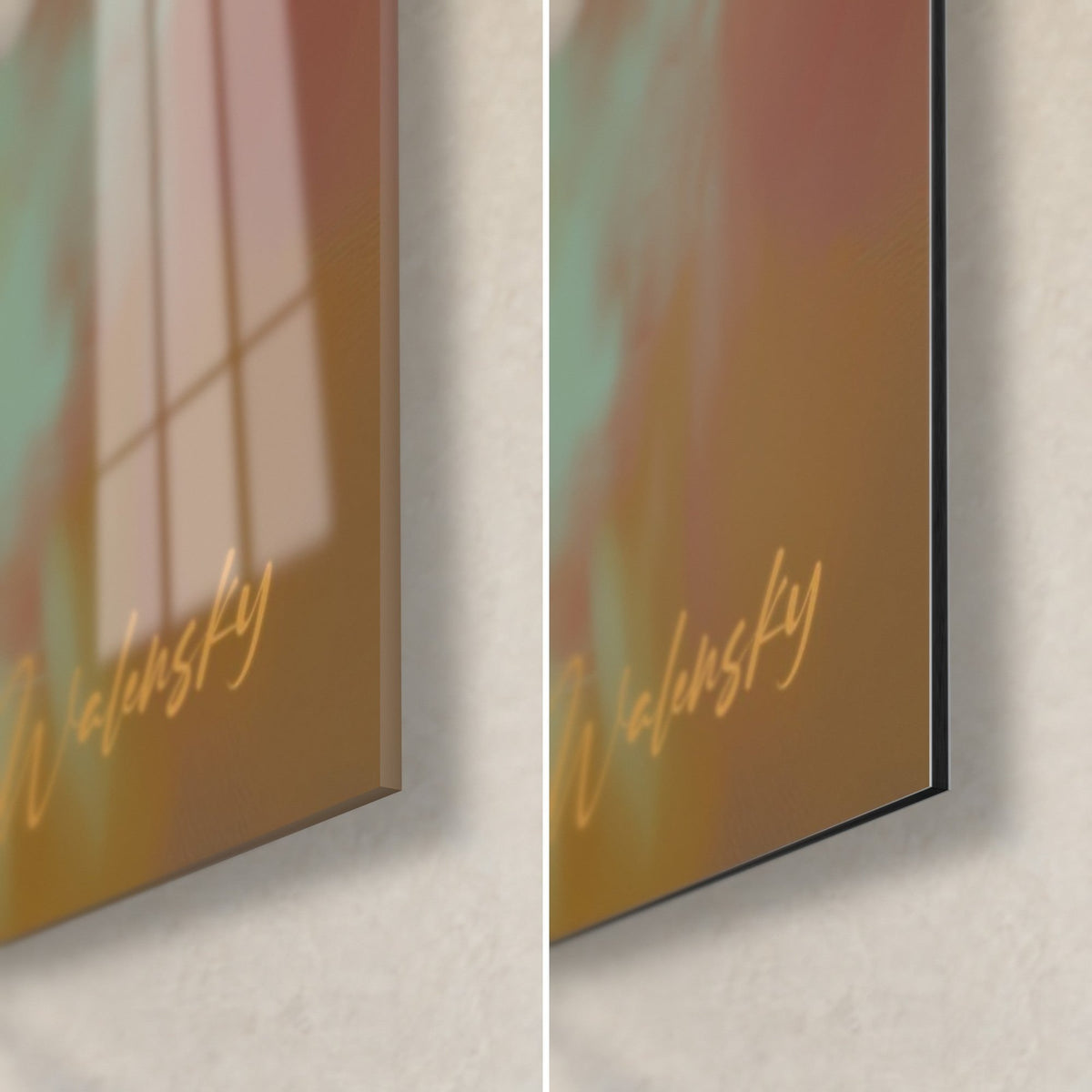 Wall art peach orchid bloom with a carmine heart, bottom right corner: glossy acrylic glass on the left, matte black Dibond on the right