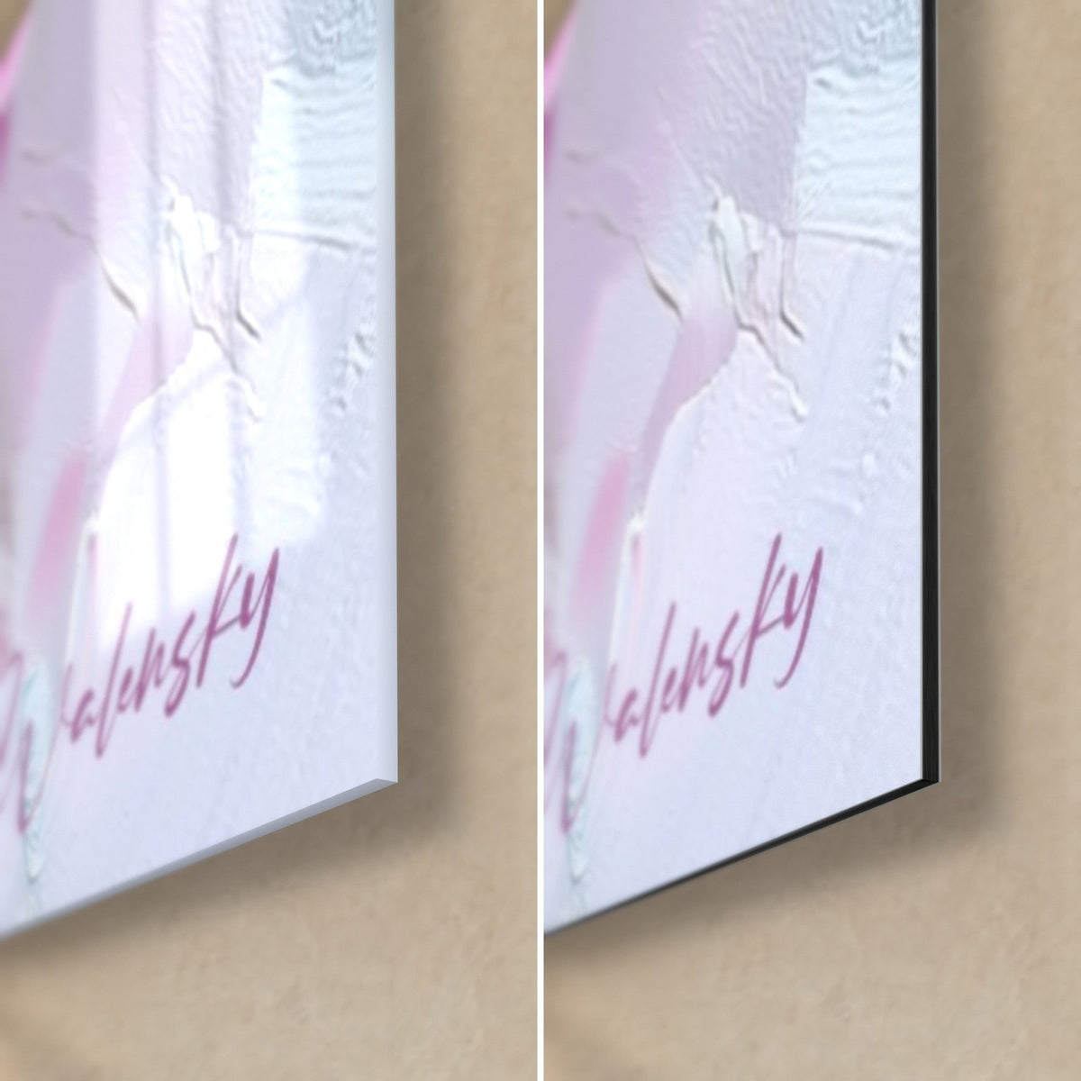 Wall art of a bouquet of pale pink orchids, bottom right corner: glossy acrylic glass on the left, matte black Dibond aluminium on the right, 3 mm edge