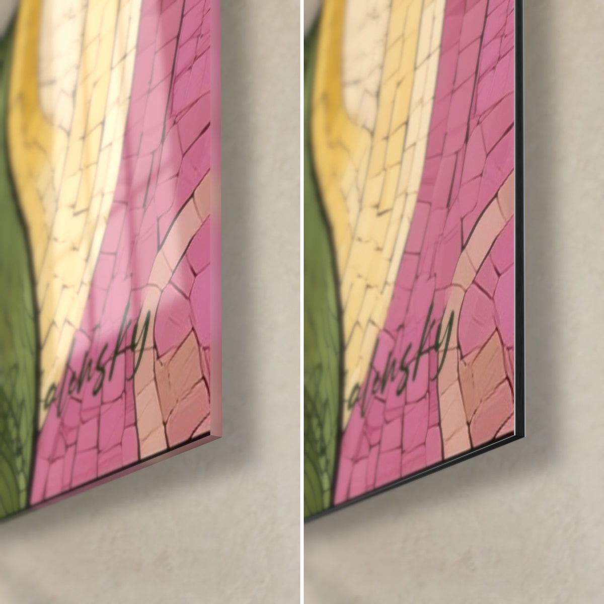 Gemälde Magenta-Orchidee im Mosaik aus Rosa und Gelb, untere rechte Ecke, glänzendes Glas und mattes Dibond, 3 mm schwarze Kante