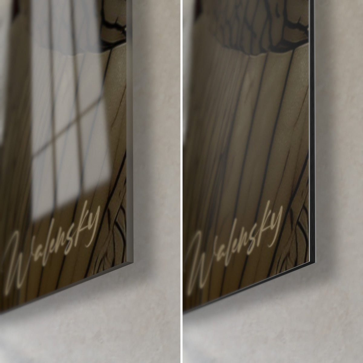 Wall art white orchid veined with brown, lower right corner, glossy acrylic glass on the left, matte black Dibond on the right