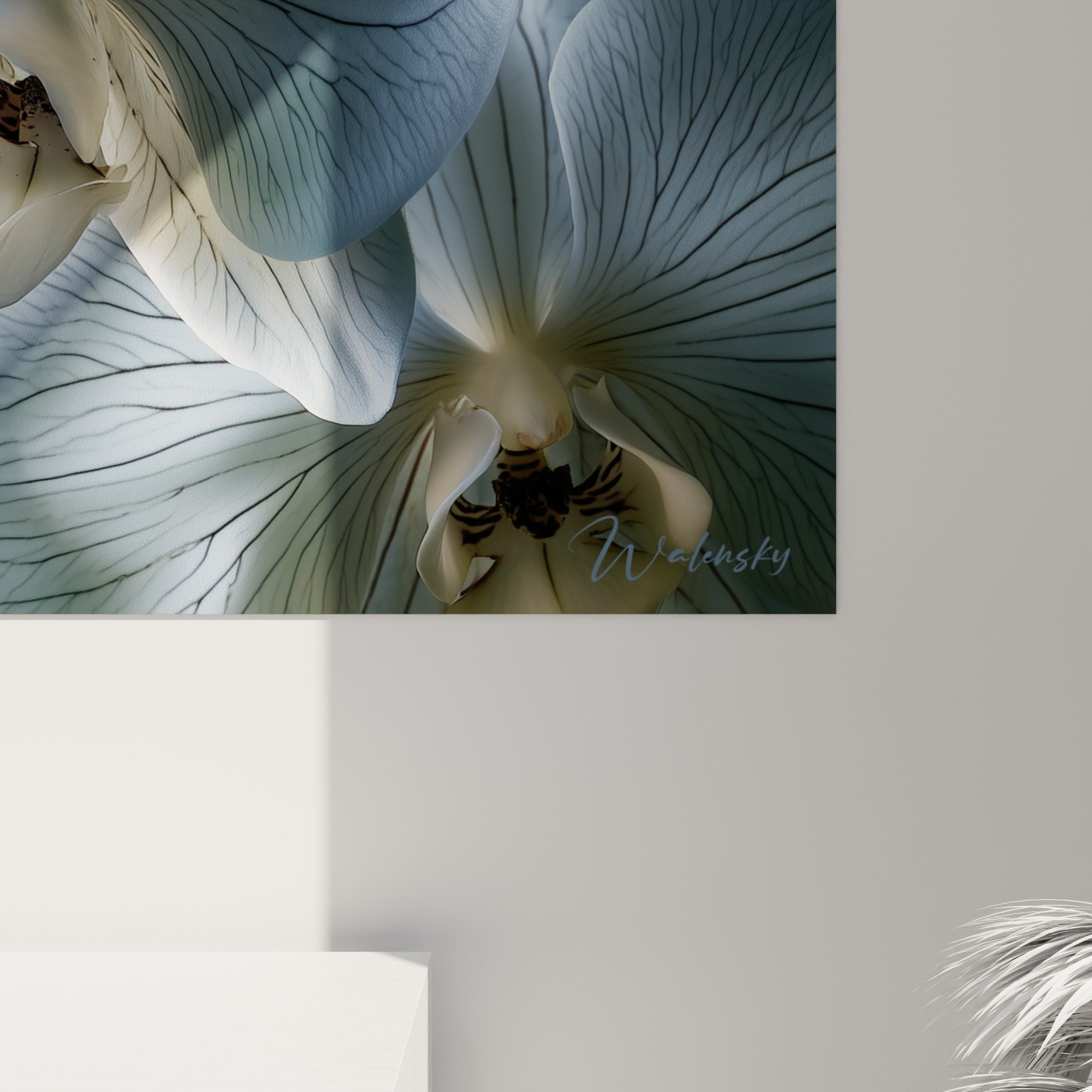 Grain satiné des pétales blancs et nervures bleu grisé de l'orchidée visibles en gros angle sur la toile