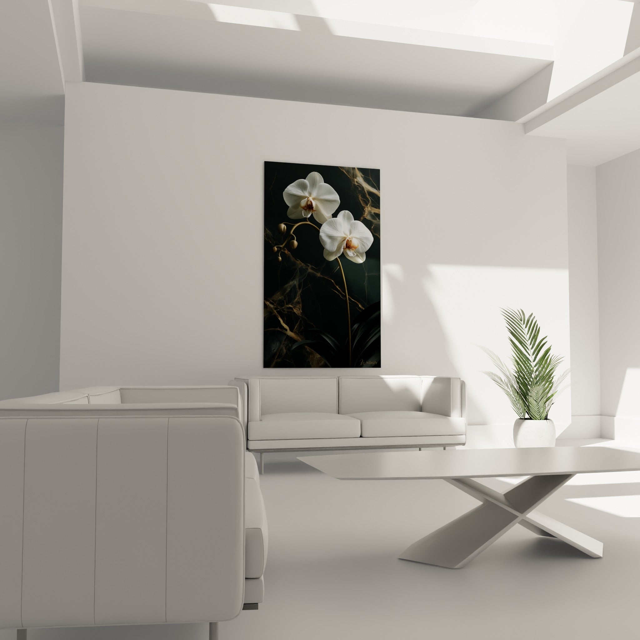 Tige d'orchidée blanche ornée de boutons, disposée au-dessus d'un canapé dans un salon lumineux