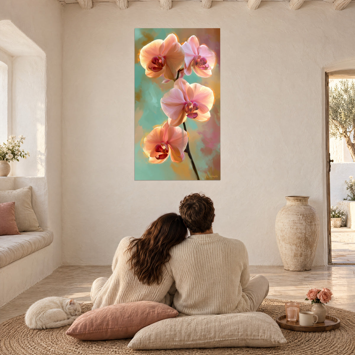 Cuadro tres orquídeas coral y rosa pálido sobre fondo turquesa, pareja de espaldas sobre cojines, gato dormido, casa blanca
