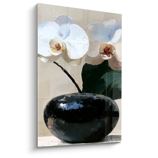 Tableau Orchidées blanches et vase noir rond - Sérénité florale - Edition Orchidée
