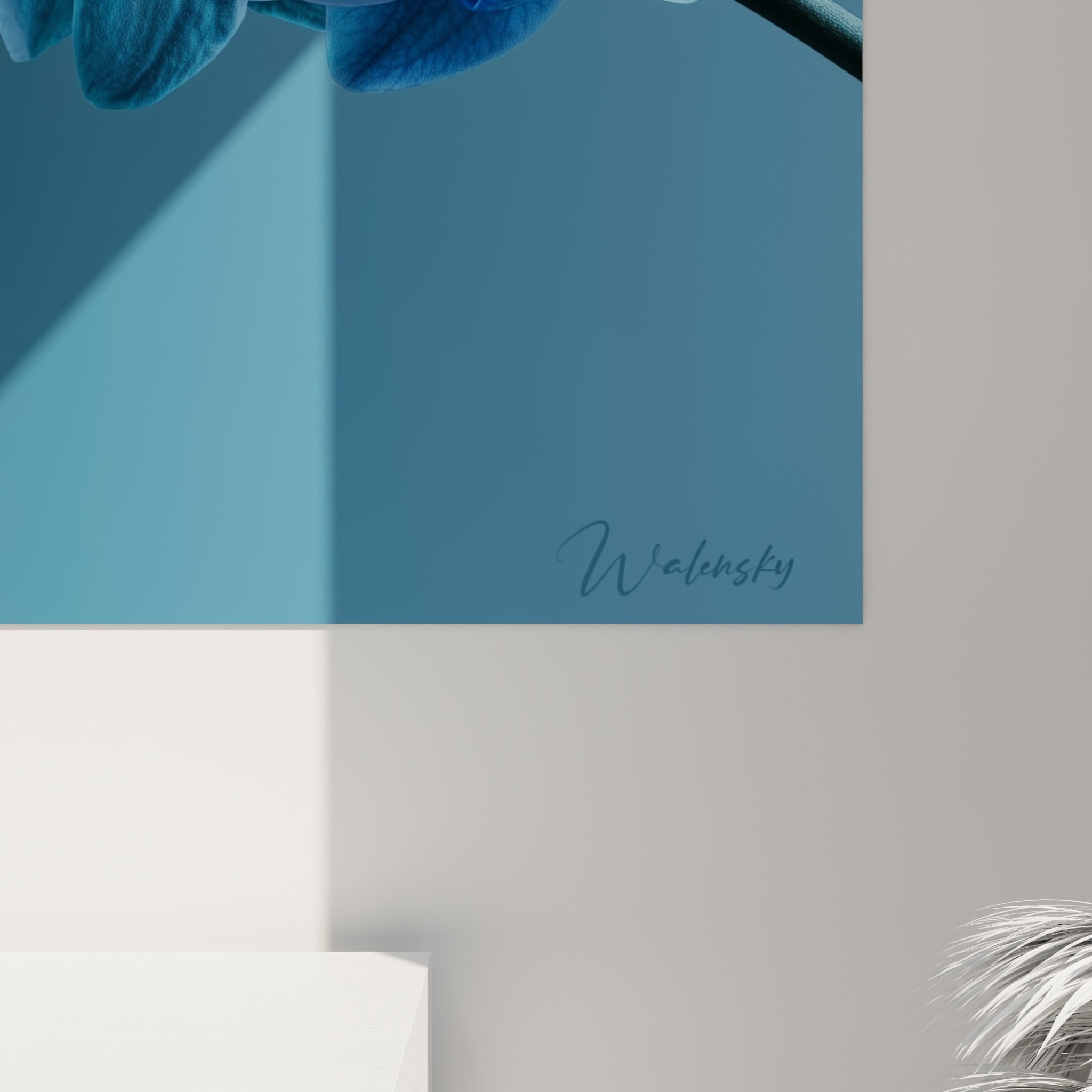 Pétales d'orchidée montrant les veines bleu turquoise et les nuances violettes sous une lumière rasante