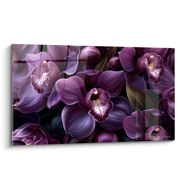 Tableau Orchidées mauves et prunes aux labelles mouchetés - Pétales veinés serrés - Edition Orchidée