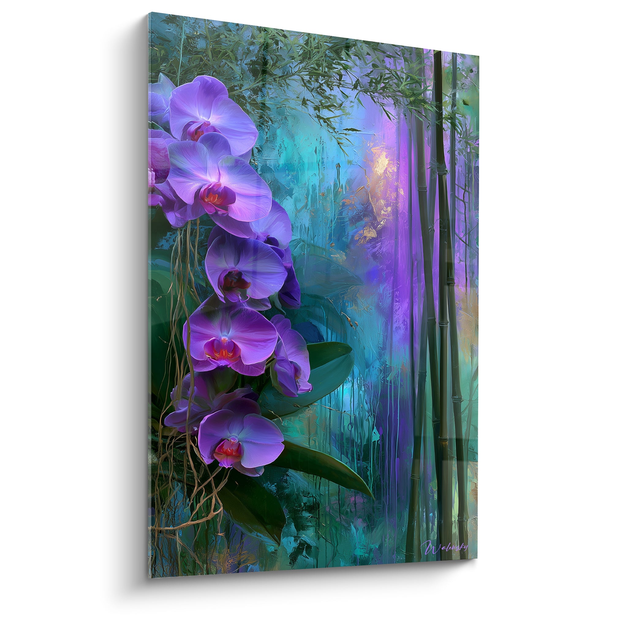 Orchidées violettes en cascade sur fond turquoise et bambous, pétales lumineux et coulures picturales.