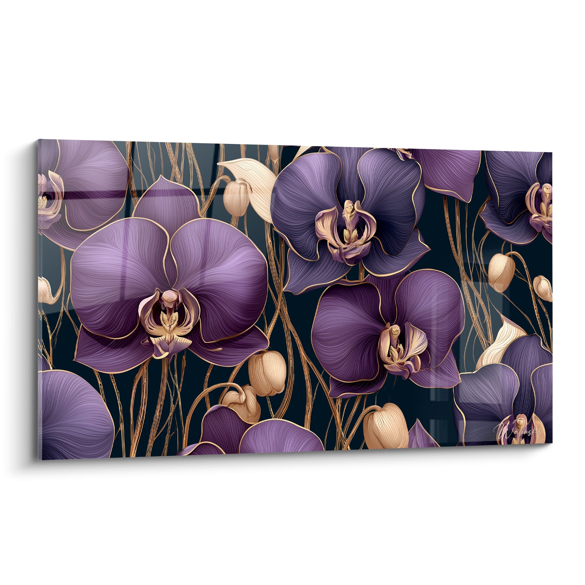 Orchidées violettes et mauves aux liserés dorés sur fond anthracite, illustration botanique détaillée