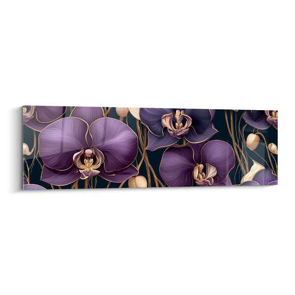 Tableau Orchidées pourpres et dorées aux tiges entrelacées - Boutons ivoire ronds - Edition Orchidée