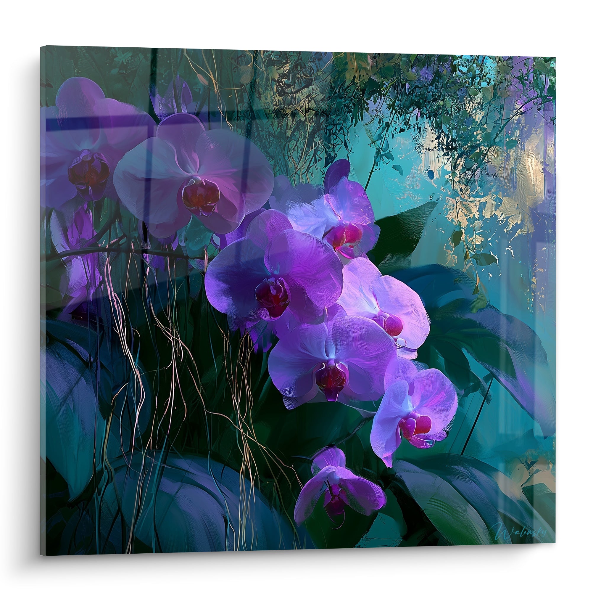 Orchidées violettes et mauves aux cœurs rouges sur fond turquoise et vert profond