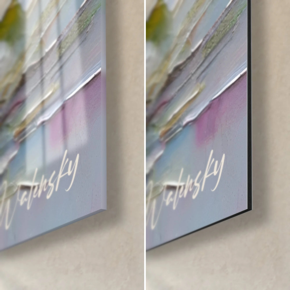 Schilderij orchidee in paletmesstijl, rechtsonder: reflecties op glanzend acrylglas, mat zwart Dibond-aluminium, rand van 3 mm