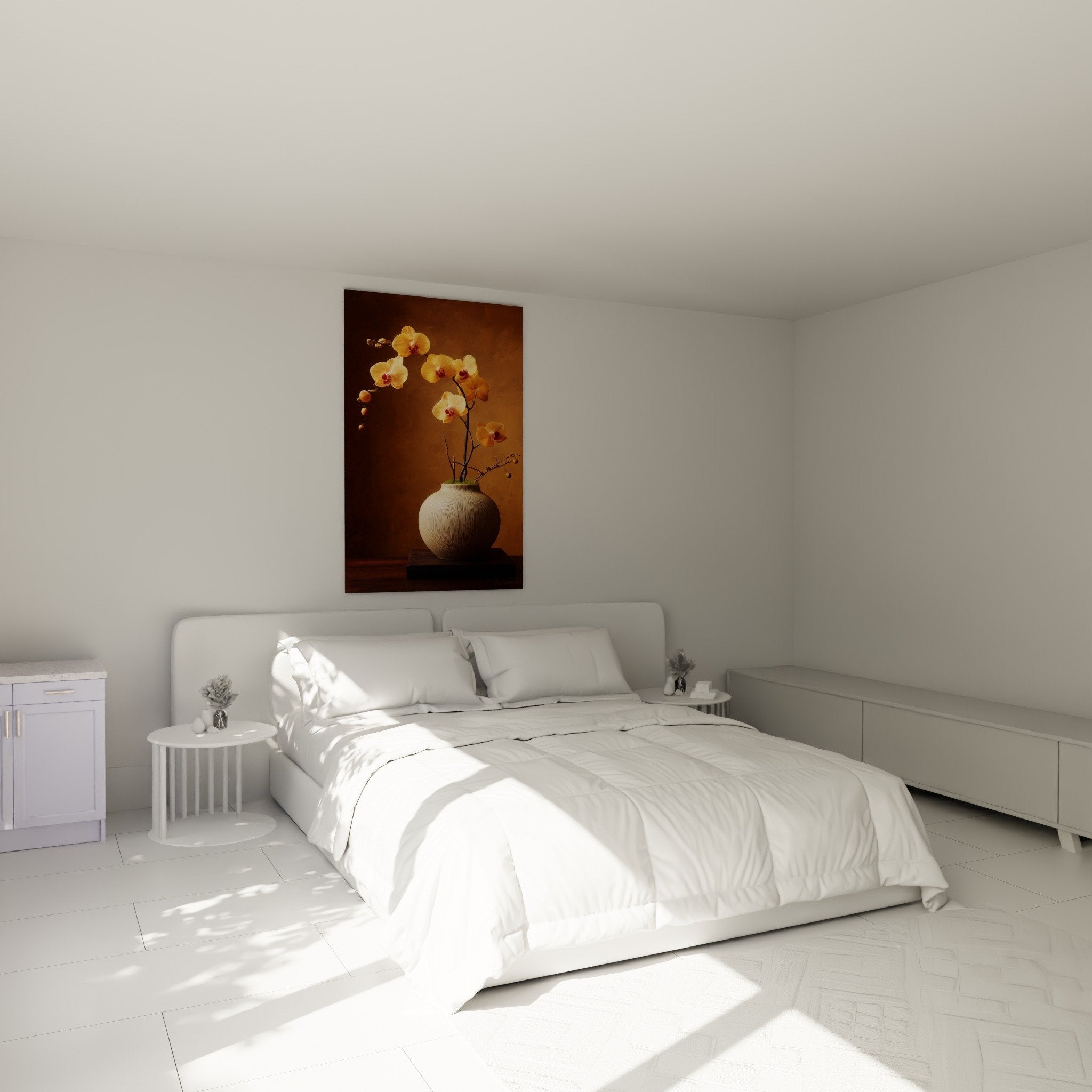 Golden orchids ikebana wall art above bed, zen bedroom decor copper tones