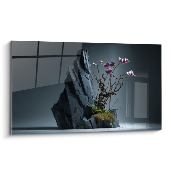 Tabel orchidee paarse en leisteenstructuur in modern interieur - Minerale Elegantie - Editie Ikebana
