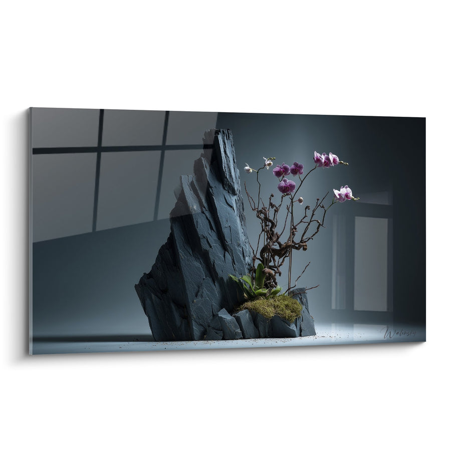 Cuadro orquídea violeta y estructura de pizarra en interior contemporáneo - Elegancia Mineral - Edición Ikebana