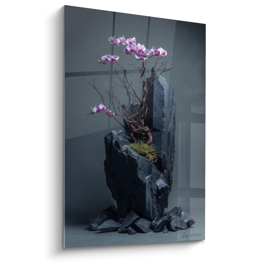 Tableau orchidées violettes sur roche volcanique noire avec mousse - Élégance minérale - Edition Ikebana